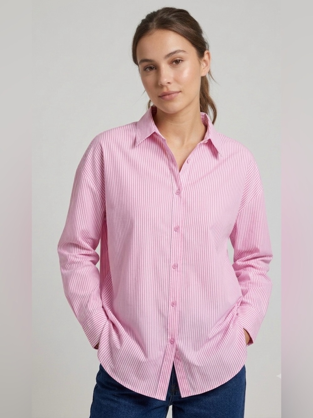 Princess Polly Pink & White Striped Relaxed Fit Long Sleeve‎ Button Down Shirt